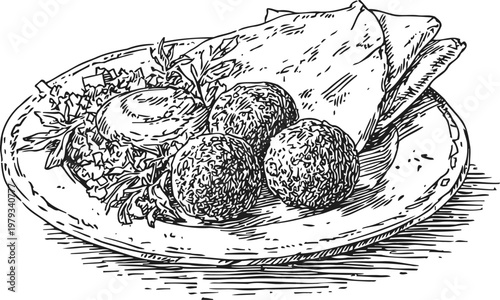 Falafel balls with pita bread and fresh herbs on a plate, middle eastern vegetarian food illustration