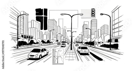City Street Scene with Cars and Buildings.