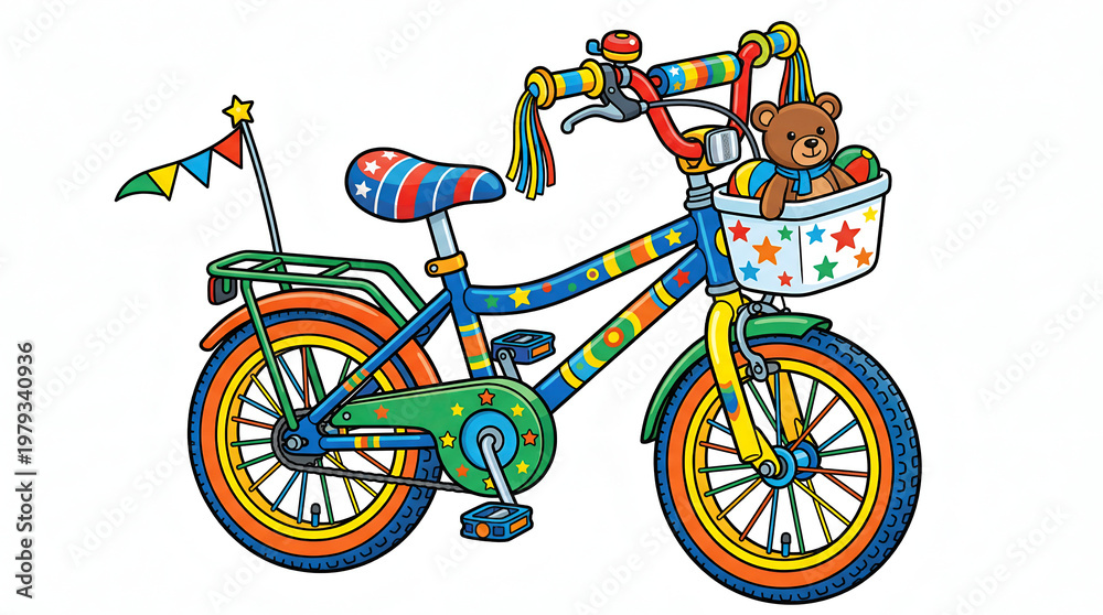 Fototapeta premium ​Colorful Kids Bicycle with Star Patterns and Accessories - Children's Bike with Teddy Bear in Basket, Streamers, and Safety Flags, Playful Vector Illustration 