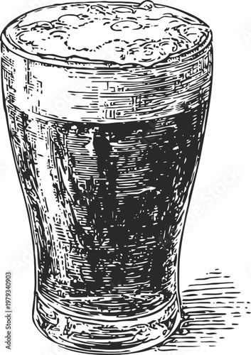 Hand drawn pint glass filled with frothy dark beer, vintage bar drink illustration
