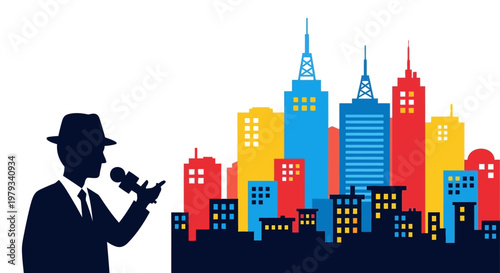 Expressive illustration of a vocalist performing with a microphone set against a vibrant, multi-colored cityscape, symbolizing urban entertainment and nightlife