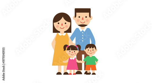 Illustration of a happy family with parents and two children standing together in a colorful style