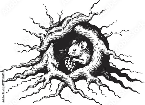 Mouse inside tree hollow holding grape cluster vintage black and white animal nature illustration