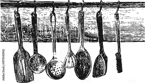 Vintage kitchen utensils hanging on a wooden rack rustic cooking tools set in black and white engraving