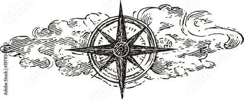 Vintage compass rose illustration with directional points and swirling cloud background