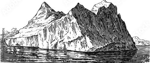 Vintage engraved illustration of a large iceberg floating on ocean water with distant mountains