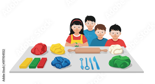 Four children wearing safety goggles stand behind a table covered with colorful modeling clay and various sculpting tools for a creative project.
