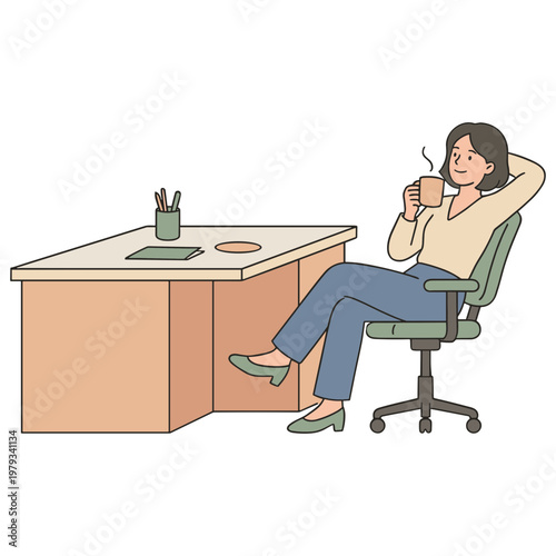 A woman sits relaxed at her office desk with a cup of coffee