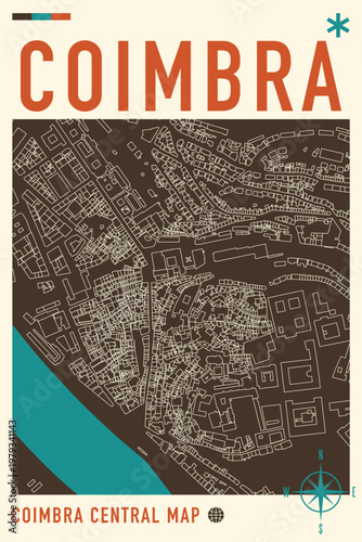 Coimbra centre vector mapping. Portugal city map illustration for poster, print, social media post. Simple and editable layout of downtown, university area plan. Vintage, retro style