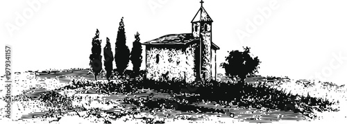 Rustic countryside chapel surrounded by trees and natural landscape ink sketch