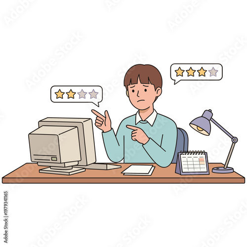 Man sitting at desk with computer giving ratings feedback