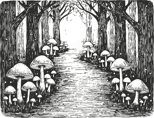 Enchanted forest path with tall mushrooms and towering trees in black and white illustration