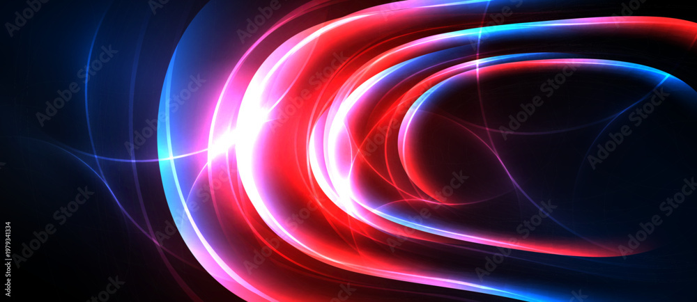 Fototapeta premium Abstract light streaks, vibrant reds, blues create swirling energy. Dark background emphasizes luminous curves, dynamic composition.