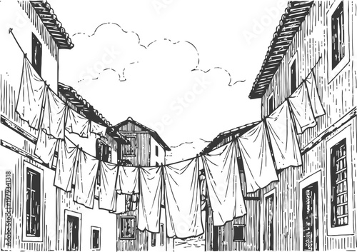 Laundry hanging on clotheslines across narrow street between old buildings in monochrome sketch