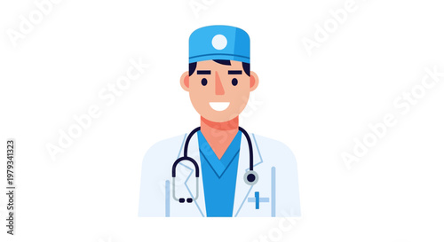 Smiling male doctor avatar icon illustration in a medical uniform with a stethoscope, symbolizing healthcare, professionalism, and medical expertise