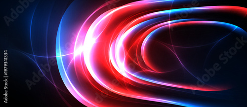 Abstract light streaks, vibrant reds, blues create swirling energy. Dark background emphasizes luminous curves, dynamic composition.
