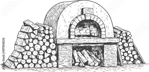Hand drawn wood fired oven with stacked firewood beside it outdoor baking and cooking equipment illustration