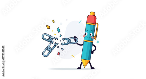 Whimsical blue pen character with a happy expression courageously breaking a metal chain link, symbolizing freedom, disconnection, and overcoming limitations with a burst of energy