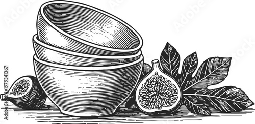 stack of wooden bowls with sliced figs and fig leaves in vintage engraving