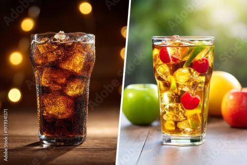 Split Scene of Unhealthy Sugary Soda and Refreshing Fruit Beverage in Glasses