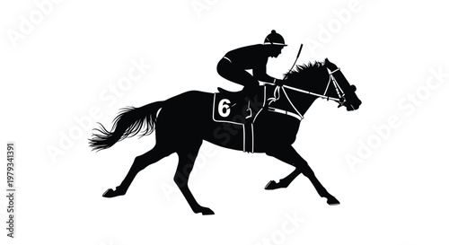 Professional horse racing jockey riding a fast galloping animal in this detailed black and white vector graphic