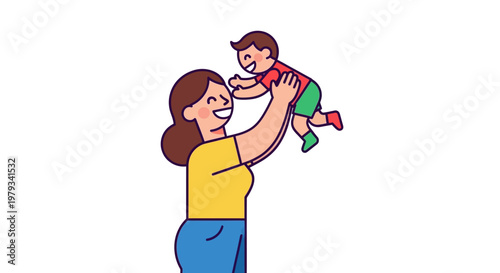 Joyful mother lifting her happy baby high in the air, celebrating their loving bond and pure family happiness in a vibrant illustration