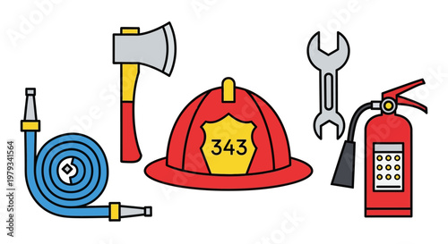 Vector illustration of essential firefighting and emergency safety tools. Collection features a helmet, axe, hose, extinguisher, and wrench for public safety