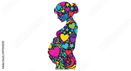 Artistic graphic illustration of a pregnant female figure, filled with a lively medley of hearts, stars, and swirls, celebrating motherhood and new life