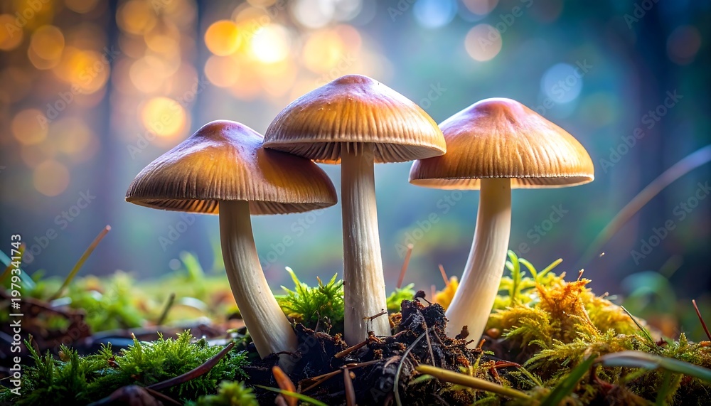 Fototapeta premium Three brown mushrooms grow in a mossy forest with blurred bokeh background