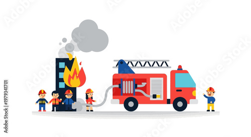 Firefighters Rescuing People from Burning Building with Fire Truck and Water Hose