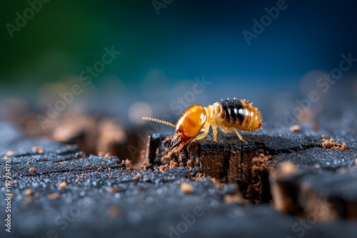 Close-Up of a Termite on Cracked Wood Surface Exposing Fine Details of Insect Life