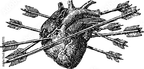 anatomical heart pierced by multiple arrows, vintage engraving illustration of emotional pain and heartbreak
