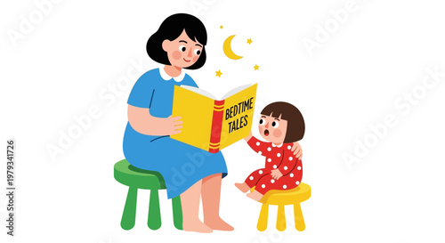 A heartwarming illustration of a mother reading an enchanting bedtime story to her sweet little child, fostering imagination and cherished family moments under a peaceful moonlit sky