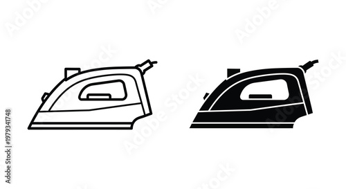 Two depictions of a clothing iron one outlined and one filled silhouette