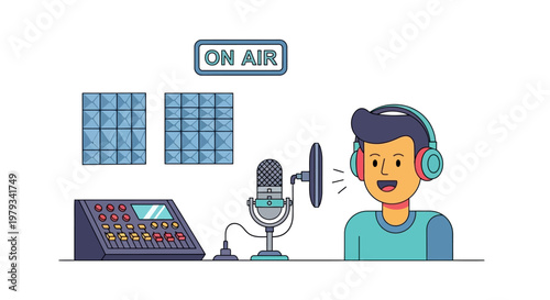 Young Podcaster Broadcasting Live from Studio, Creating Engaging Audio Content with Microphone and Mixer