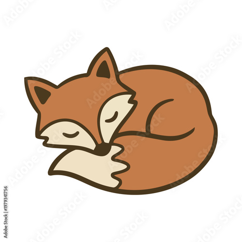 A cute cartoon fox curled up and sleeping peacefully on a white background with its eyes closed and paws tucked in.