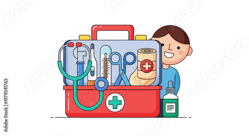 Helpful medical kit for first aid and emergency preparedness, featuring a friendly character with essential supplies