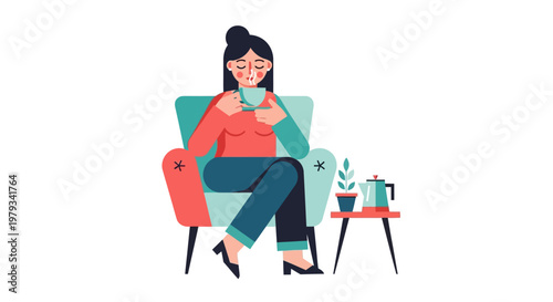 Cozy woman relaxing with a warm beverage in a comfortable armchair, enjoying a peaceful moment