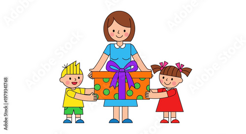 A heartwarming illustration of two joyful children presenting a beautifully wrapped gift to their happy mother, symbolizing family love and celebration on a special occasion