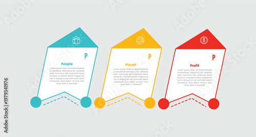 3P sustainability infographic template with tilt and skew box container with arrow top direction with 3 points information flat style