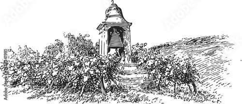 Vintage vineyard landscape with bell tower amidst grapevines on hillside countryside