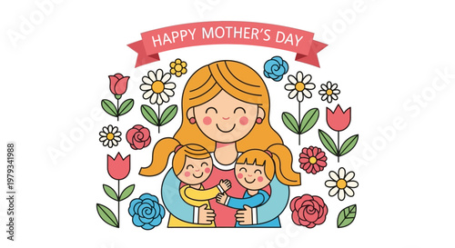 Heartwarming illustration of a loving mother hugging her two joyful daughters, celebrating Mother's Day amidst a beautiful array of colorful flowers