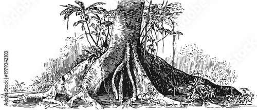 Detailed black and white illustration of a large tropical tree trunk with roots and surrounding foliage