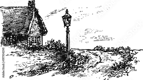 Vintage countryside cottage with lamp post and winding dirt road black ink sketch