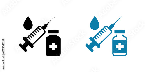 Medical syringe and medicine bottle icons with drop  healthcare symbols