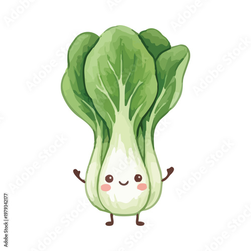 Cute cartoon bok choy vegetable with smiling face and arms