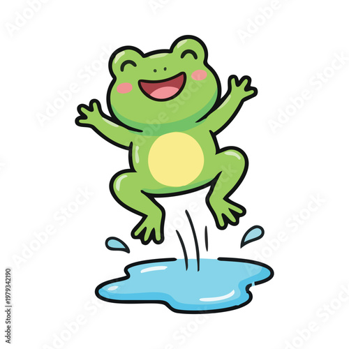 A cheerful cartoon frog jumping into a puddle of water with a big smile