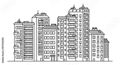 Cityscape illustration of modern apartment buildings with balconies and windows.