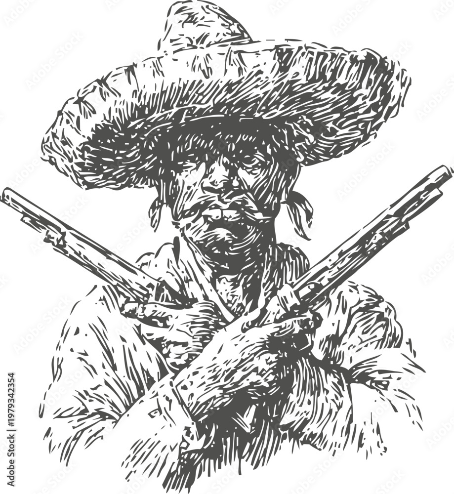 Obraz premium Vintage mexican outlaw with crossed pistols and traditional sombrero, detailed sketch illustration