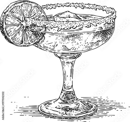 Margarita cocktail with salted rim and lime slice in glass, classic alcoholic drink illustration